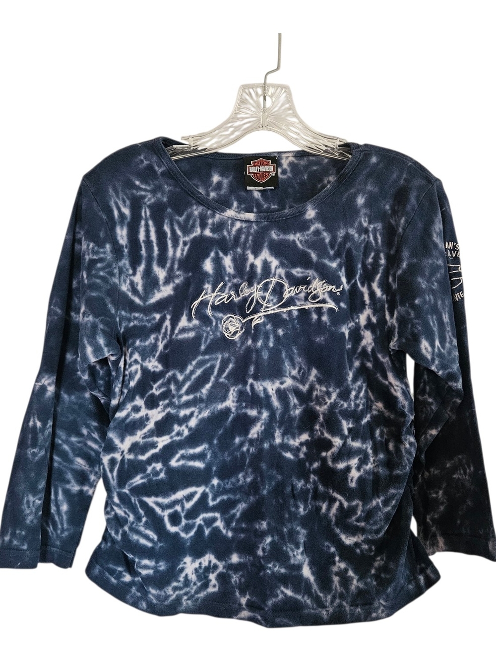 Harley-Davidson Blue and White Tie-Dye Script Long Sleeve Tee Medium Y2K